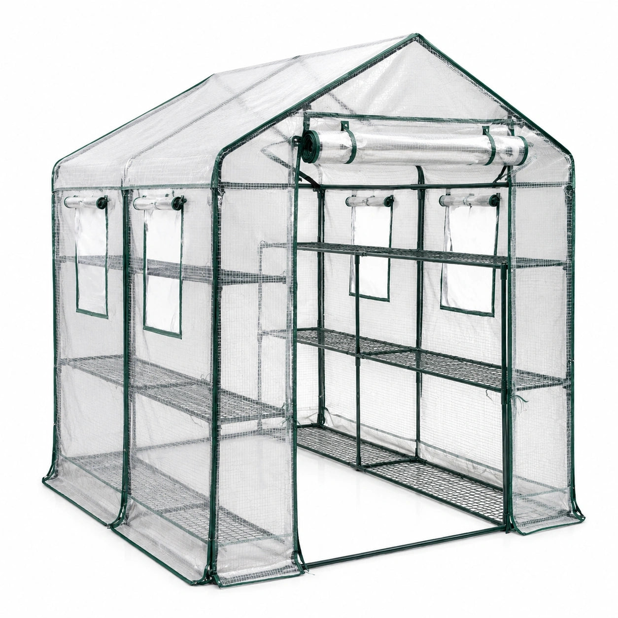 Serre de jardin transparente et vert foncé 143 × 143 × 195 cm avec étagères, porte et fenêtres enroulables
