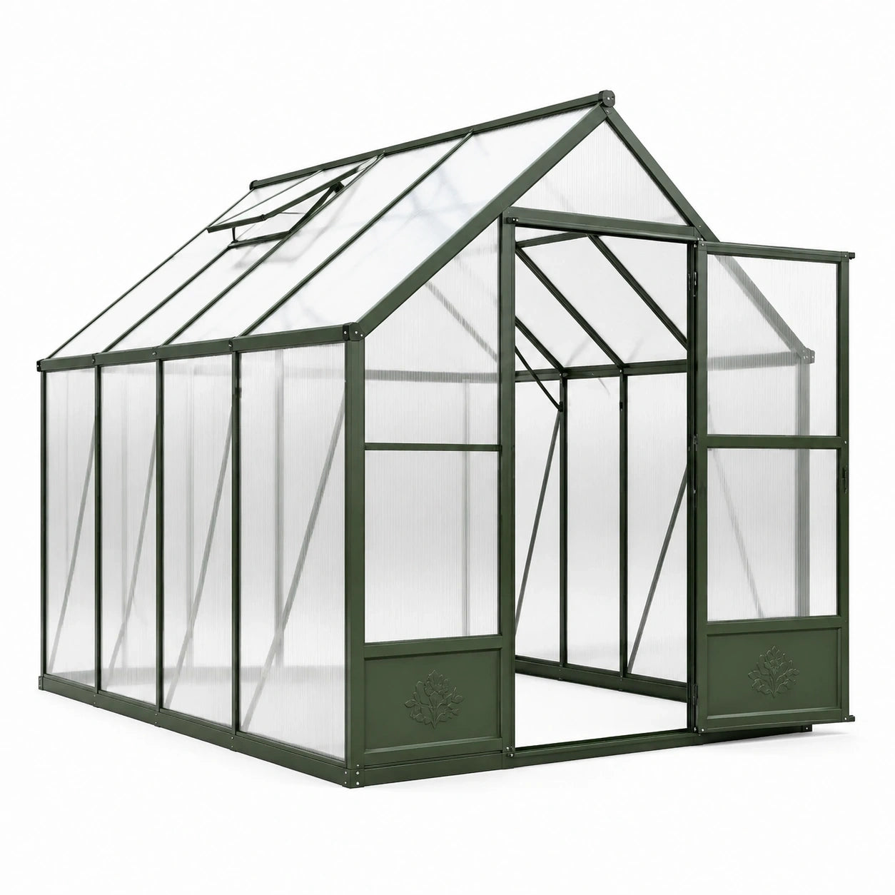 Serre de jardin en aluminium vert foncé et polycarbonate transparent, 190 × 190 × 200 cm, double porte et aérations de toit