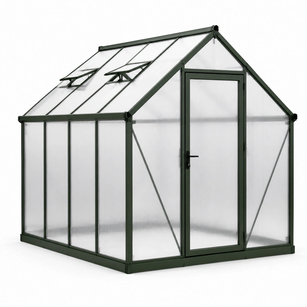 Serre de jardin en aluminium vert foncé et polycarbonate translucide, 250 × 190 × 195 cm, avec porte et 2 lucarnes