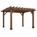 Pergola de jardin en bois brun et métal noir avec toit ajouré, 305 × 365 × 240 cm
