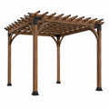 Pergola de jardin autoportante en bois brun et métal noir, 427 x 305 x 244 cm, toit ajouré