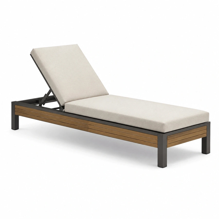 Bain de soleil beige en métal anthracite et bois marron avec dossier réglable, 200 x 70 x 95 cm