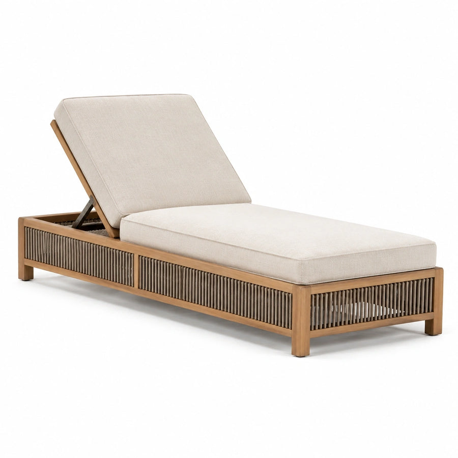 Bain de soleil en bois et cordage beige et marron avec dossier réglable, 200 × 75 × 35 cm