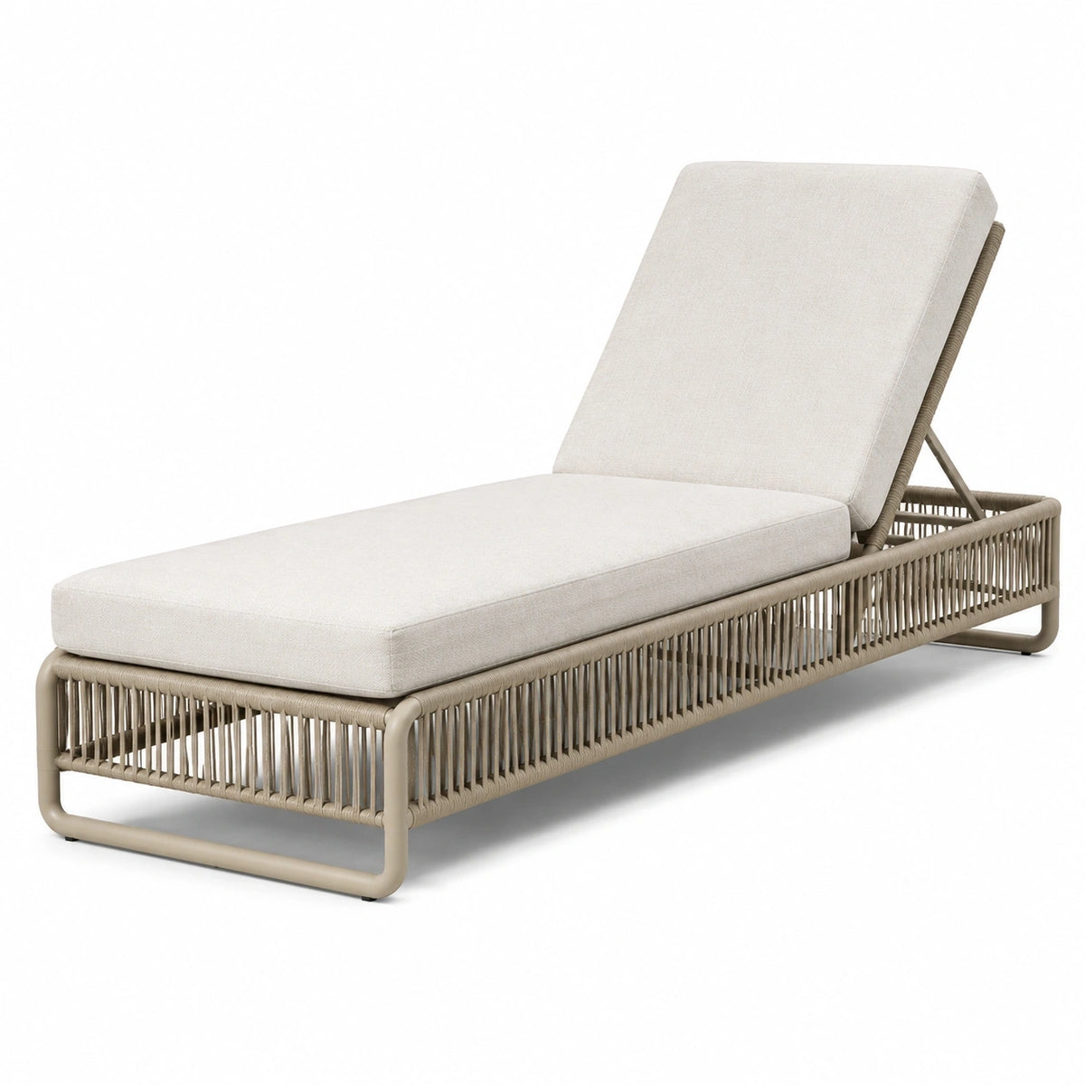 Bain de soleil inclinable en métal et corde beige avec coussins crème, 200 × 75 × 95 cm