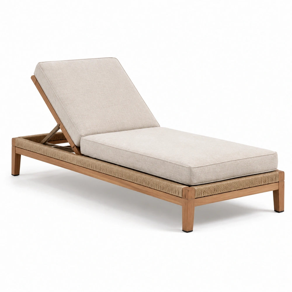Bain de soleil inclinable en bois avec corde tressée et coussins beiges, 200 × 75 × 90 cm