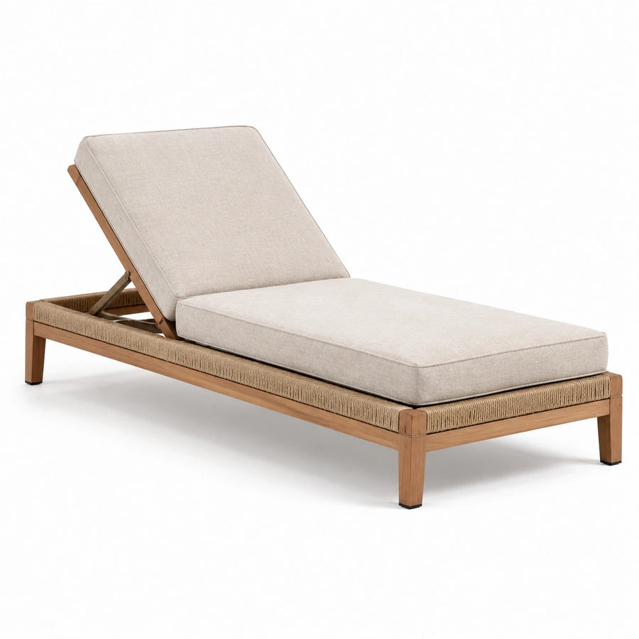 Bain de soleil inclinable en bois avec corde tressée et coussins beiges, 200 × 75 × 90 cm
