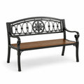Banc de jardin en métal noir et bois marron avec dossier décoratif, 127 × 60 × 86 cm
