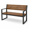 Banc de jardin en bois brun et métal noir avec dossier et accoudoirs, 120 × 60 × 85 cm