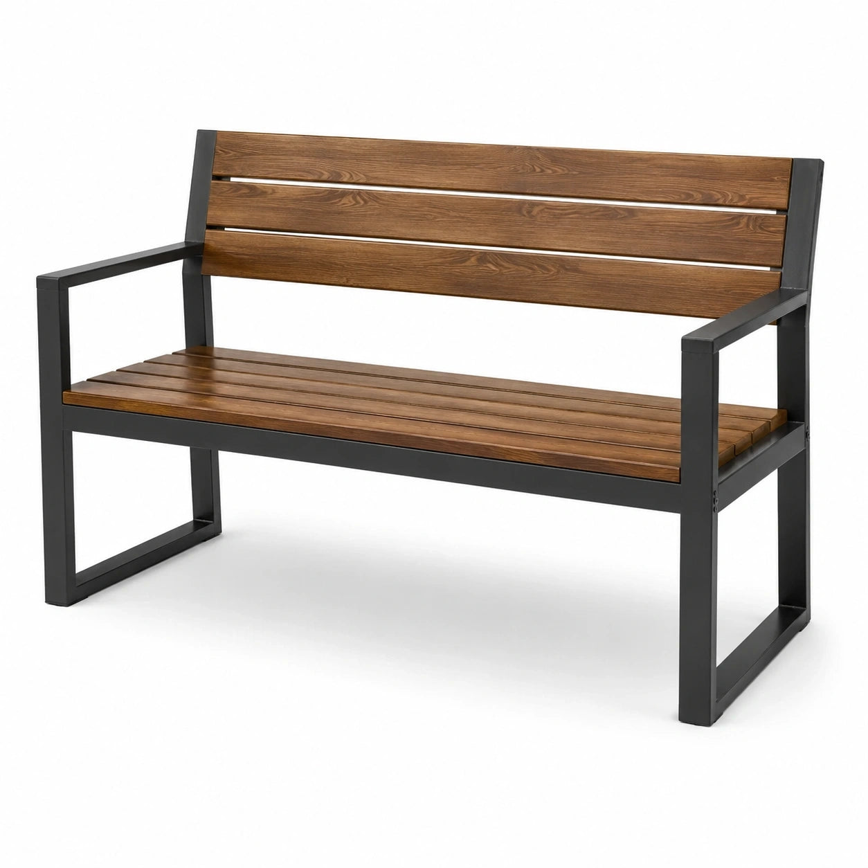 Banc de jardin en bois brun et métal noir avec dossier et accoudoirs, 120 × 60 × 85 cm