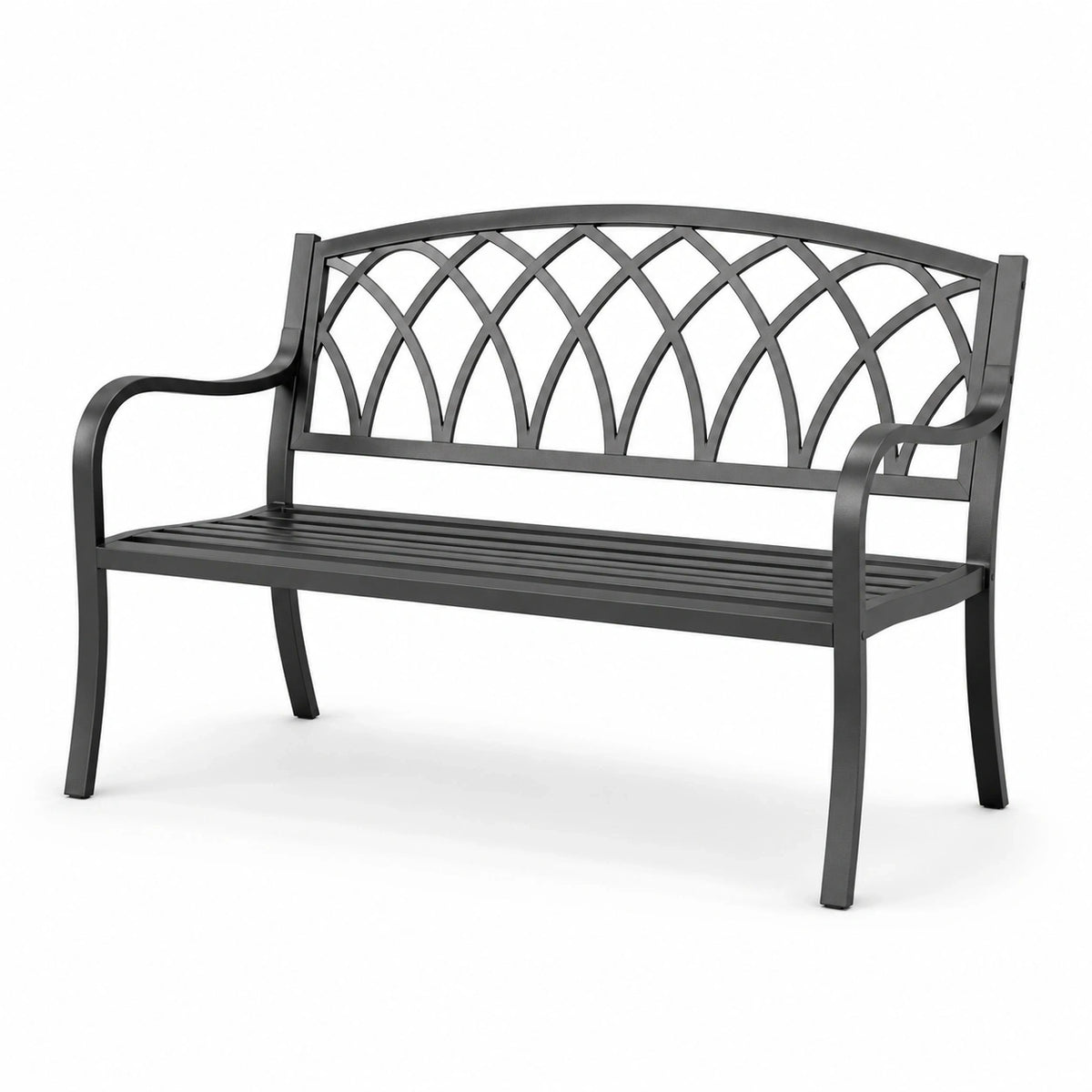 Banc de jardin en métal noir avec dossier ajouré, 127 × 60 × 88 cm