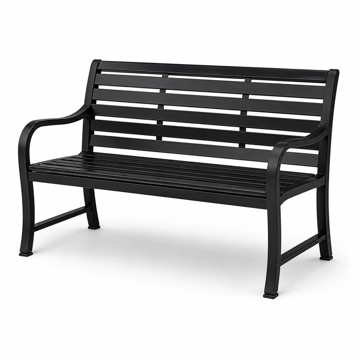 Banc de jardin 2 places en acier noir à lattes avec accoudoirs, 122 × 60 × 85 cm