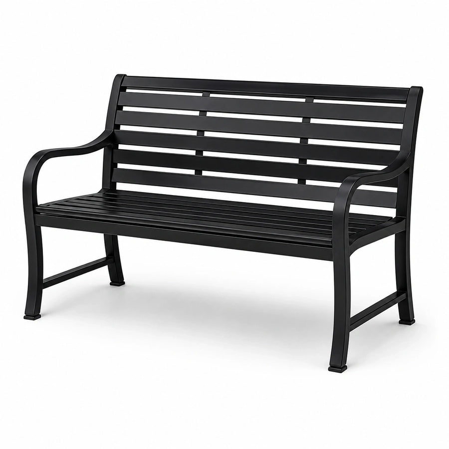 Banc de jardin 2 places en acier noir à lattes avec accoudoirs, 122 × 60 × 85 cm