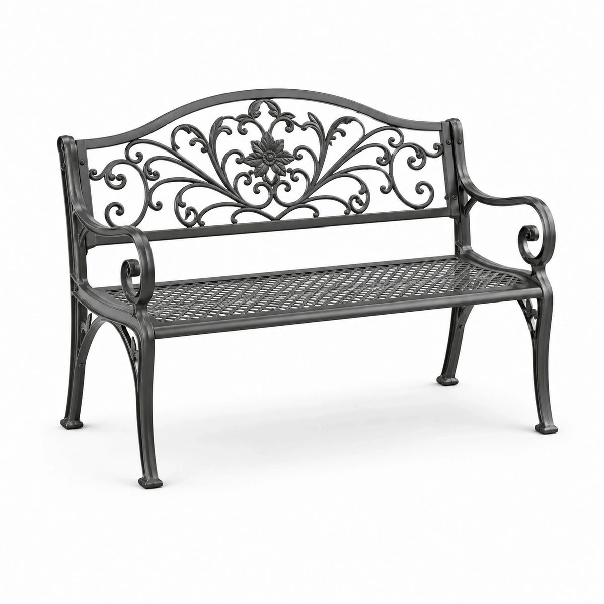 Banc de jardin en métal noir 128 × 60 × 85 cm avec dossier floral ajouré