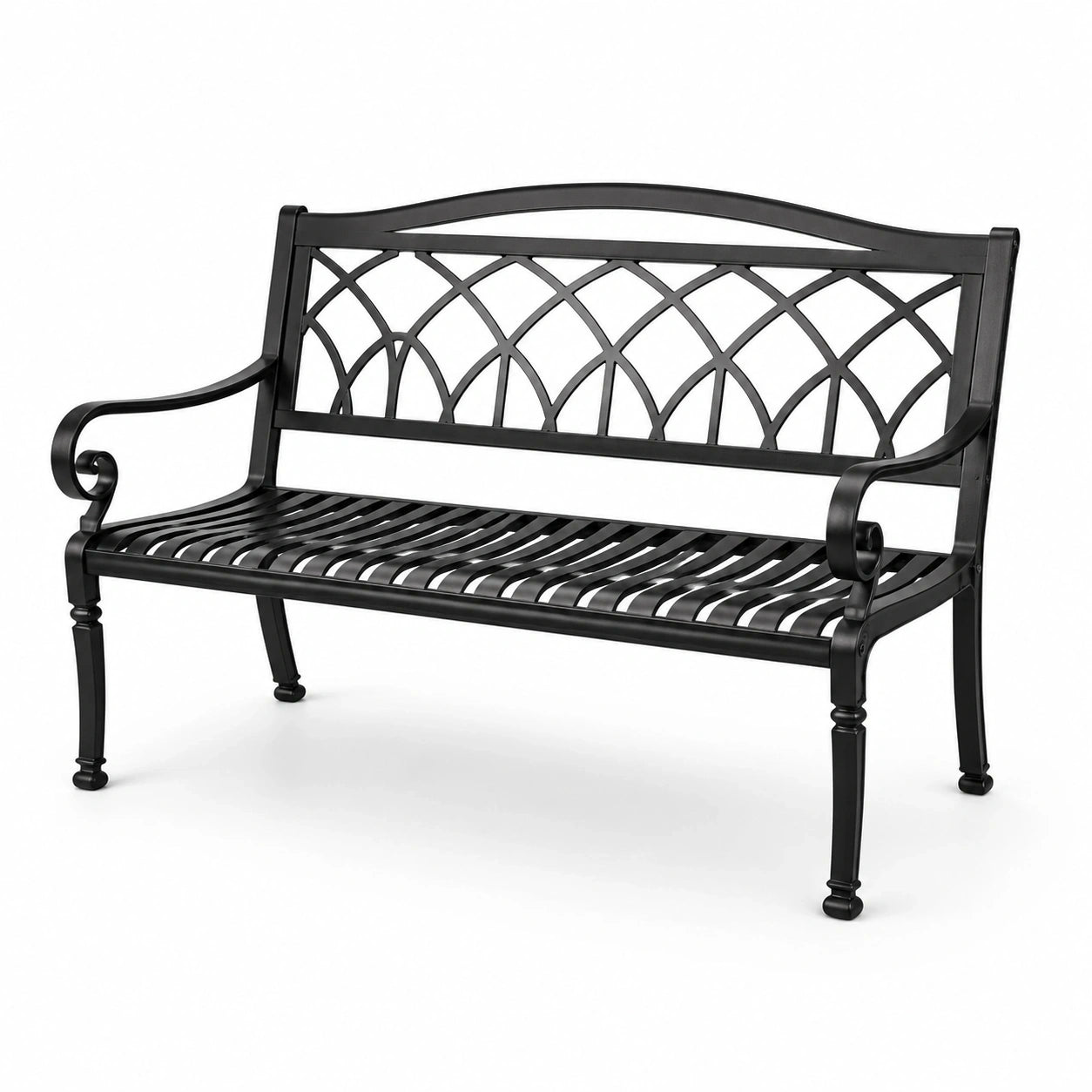 Banc de jardin 2 places en métal noir avec dossier ajouré, 127 × 60 × 87 cm