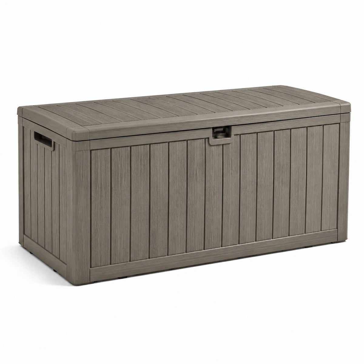 Coffre de rangement extérieur en résine gris taupe effet bois, 120 × 55 × 60 cm, avec couvercle