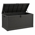 Coffre de rangement de jardin noir en résine tressée, 120 × 55 × 60 cm, couvercle assisté et fermeture verrouillable
