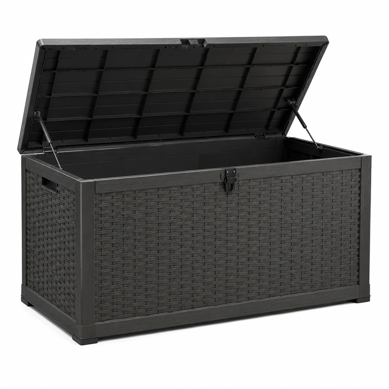 Coffre de rangement de jardin noir en résine tressée, 120 × 55 × 60 cm, couvercle assisté et fermeture verrouillable