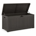 Coffre de jardin en résine marron foncé effet bois avec couvercle relevable, 120 × 55 × 60 cm