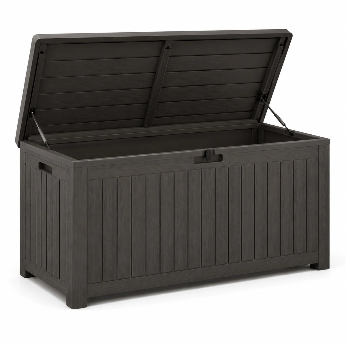 Coffre de jardin en résine marron foncé effet bois avec couvercle relevable, 120 × 55 × 60 cm