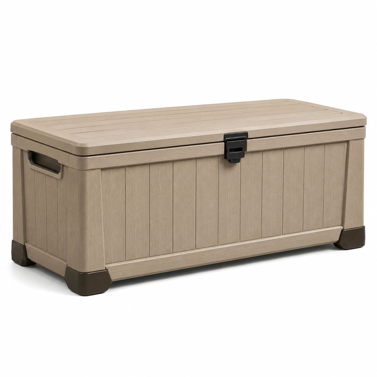 Coffre de rangement extérieur en résine effet bois taupe, brun foncé et noir, 120 × 55 × 60 cm