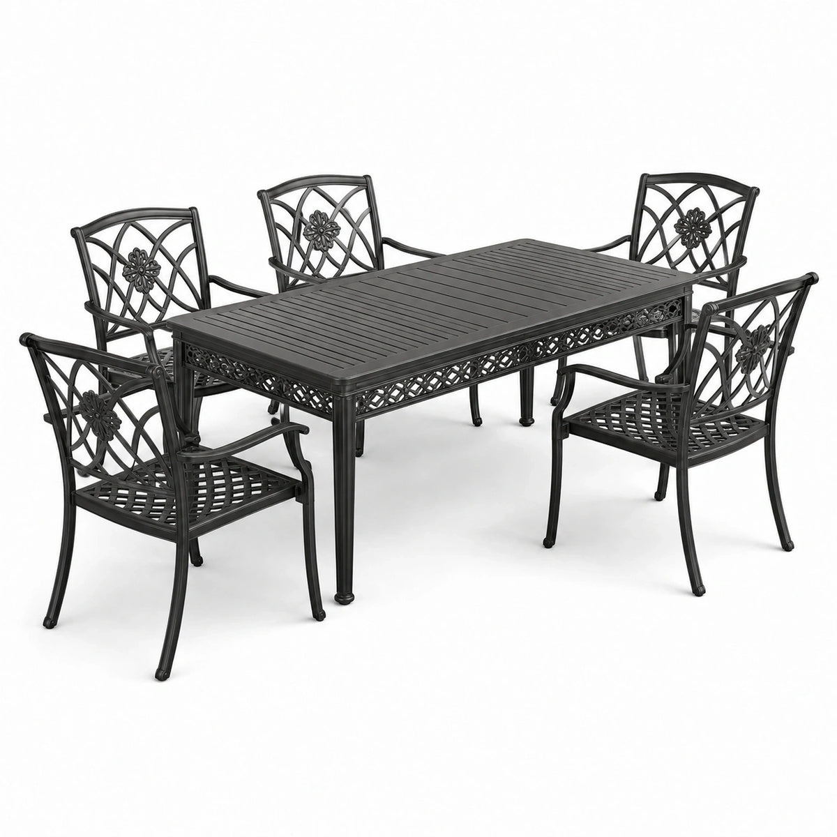 Ensemble repas de jardin 7 pièces en métal noir avec table 180 × 100 × 74 cm et 6 fauteuils