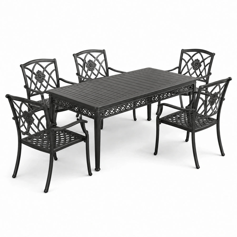 Ensemble repas de jardin 7 pièces en métal noir avec table 180 × 100 × 74 cm et 6 fauteuils