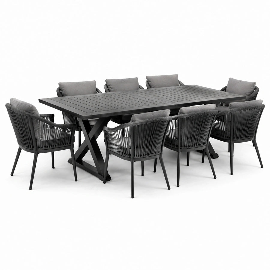 Ensemble repas de jardin 11 pièces noir et gris avec table 240 × 100 × 75 cm et 10 fauteuils 60 × 62 × 85 cm