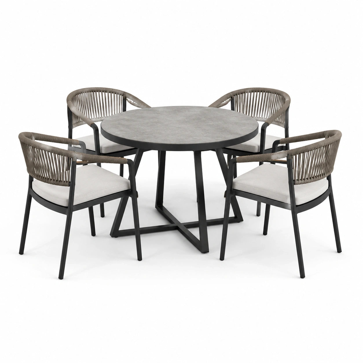 Ensemble repas de jardin 5 pièces avec table ronde 110 × 75 cm et 4 fauteuils 58 × 62 × 78 cm, gris, noir, taupe et blanc cassé