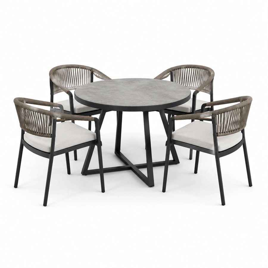 Ensemble repas de jardin 5 pièces avec table ronde 110 × 75 cm et 4 fauteuils 58 × 62 × 78 cm, gris, noir, taupe et blanc cassé