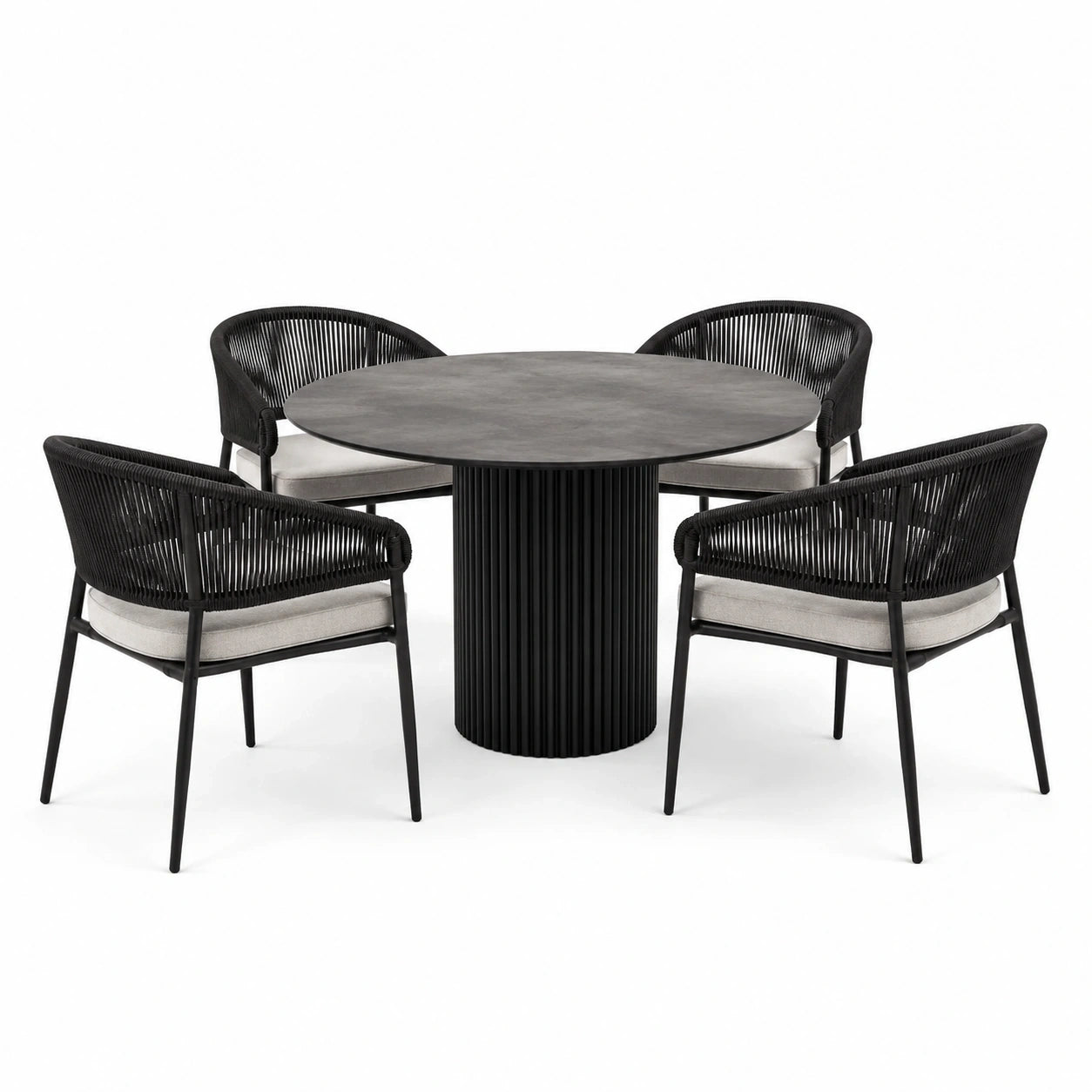 Salon de jardin 5 pièces noir et gris avec table ronde Ø 120 × 75 cm et 4 fauteuils 61 × 59 × 78 cm