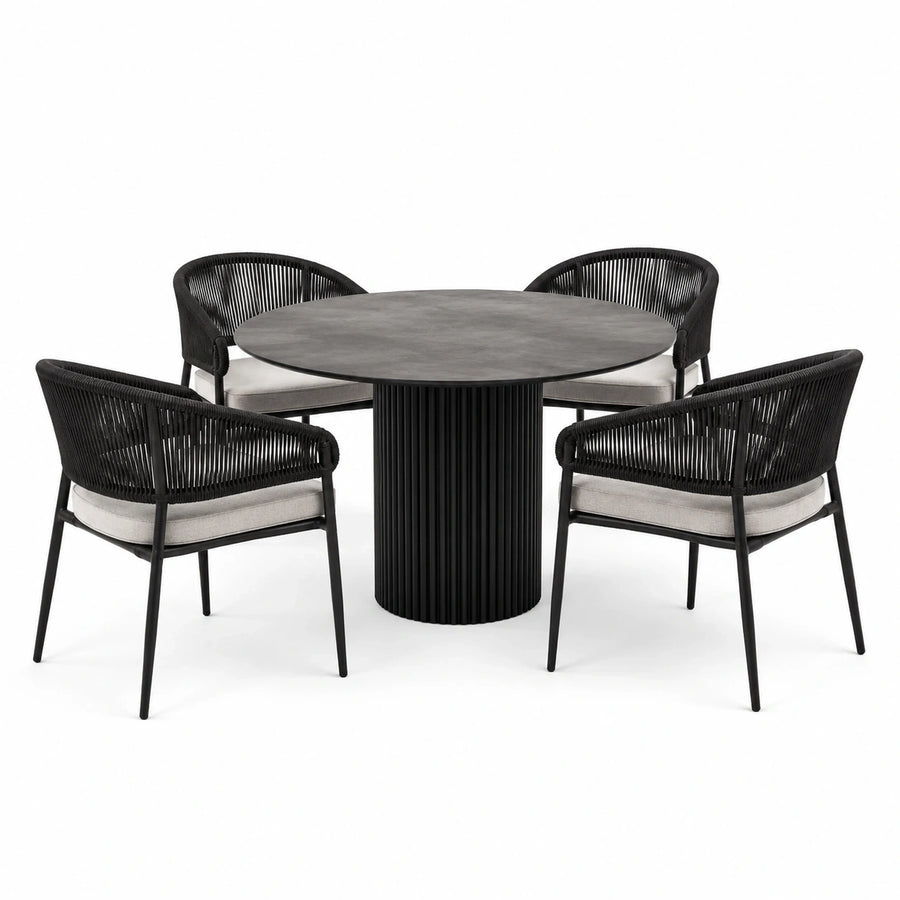 Salon de jardin 5 pièces noir et gris avec table ronde Ø 120 × 75 cm et 4 fauteuils 61 × 59 × 78 cm