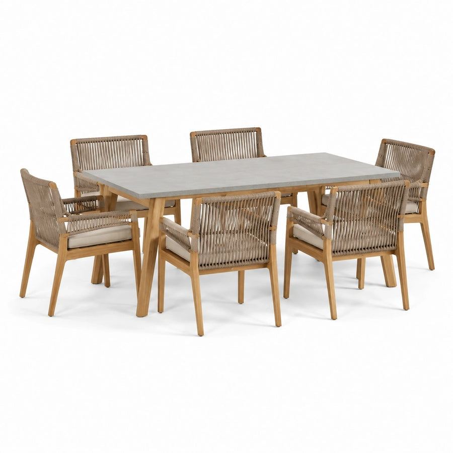 Ensemble repas de jardin 7 pièces, table 200 × 100 × 75 cm et 6 fauteuils 60 × 62 × 85 cm, bois naturel, beige et gris