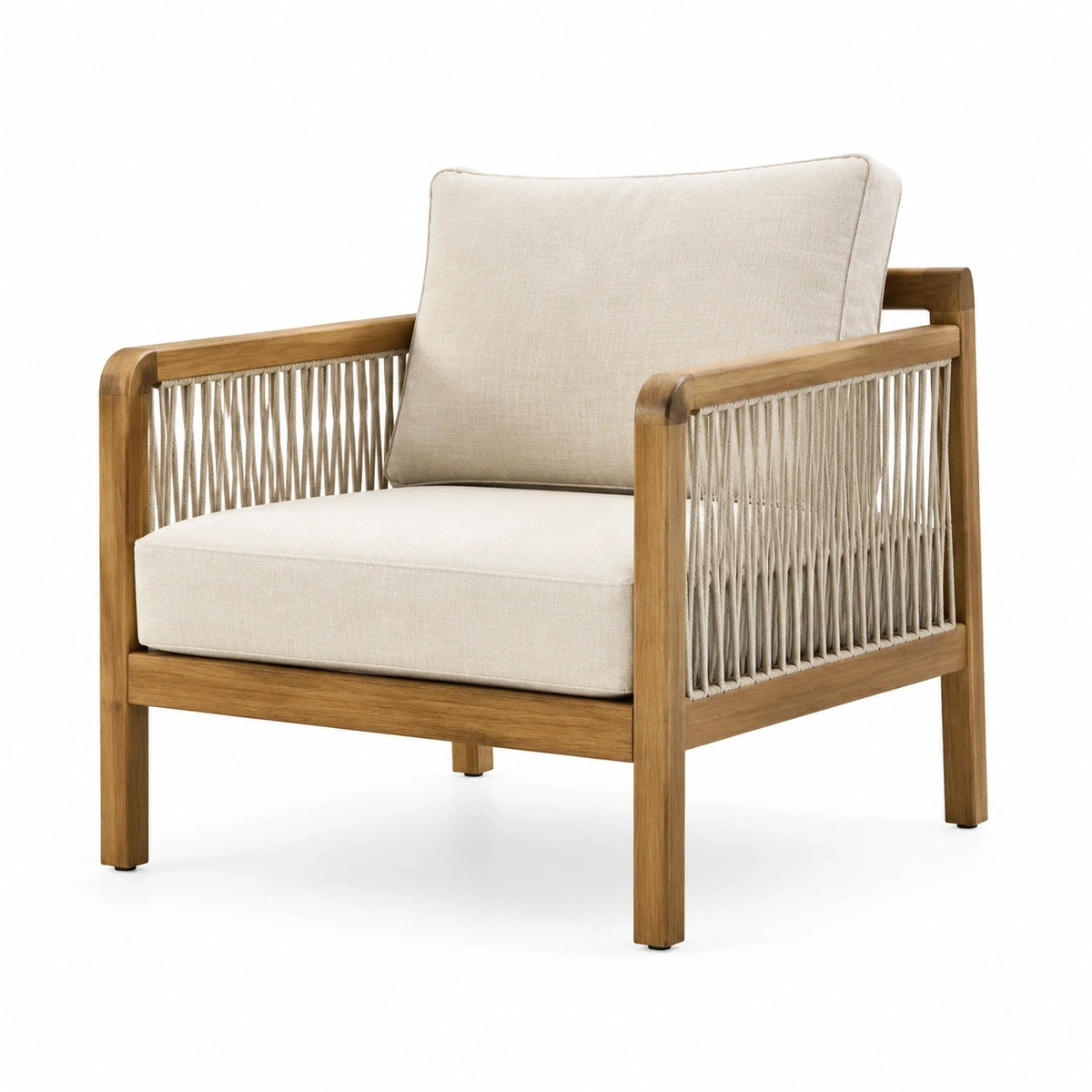 Fauteuil en bois naturel et cordage beige clair avec coussins, 78 × 75 × 82 cm