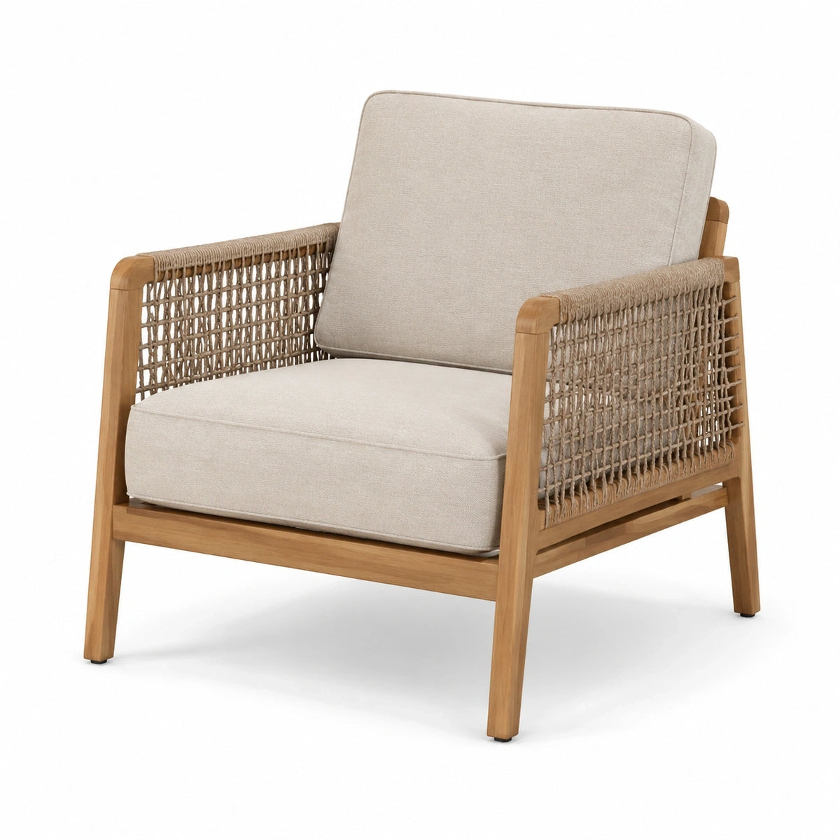 Fauteuil à accoudoirs en bois naturel avec corde taupe et coussins beiges, 75 x 80 x 82 cm