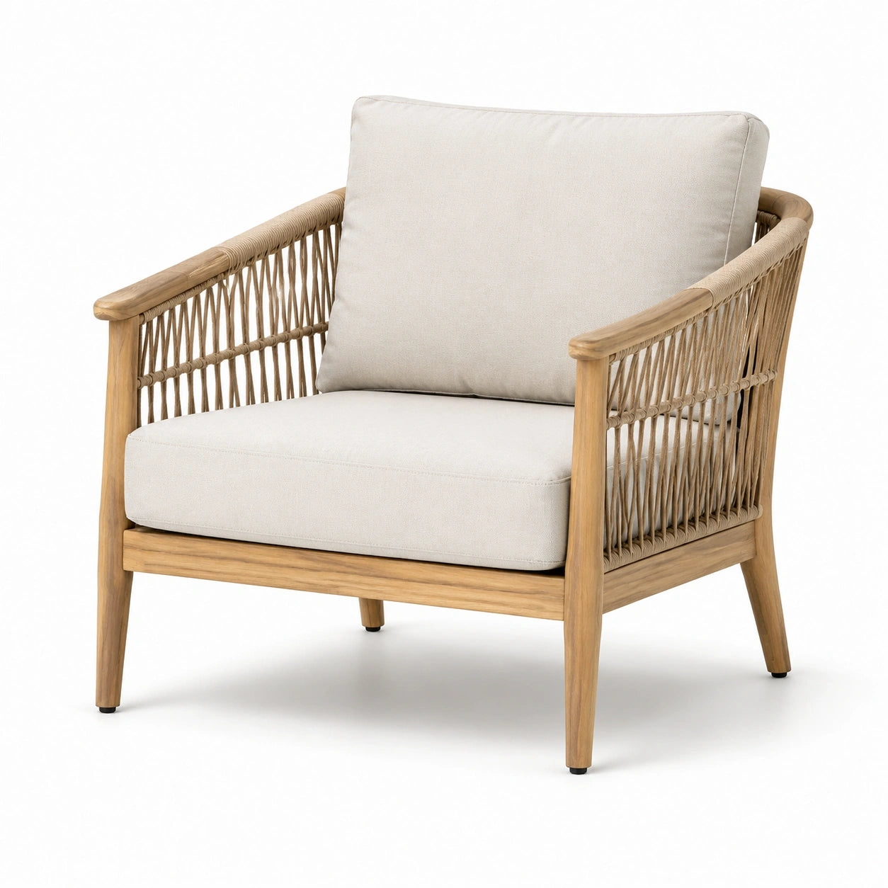 Fauteuil en bois naturel et corde beige avec coussins, 79 × 76 × 83 cm