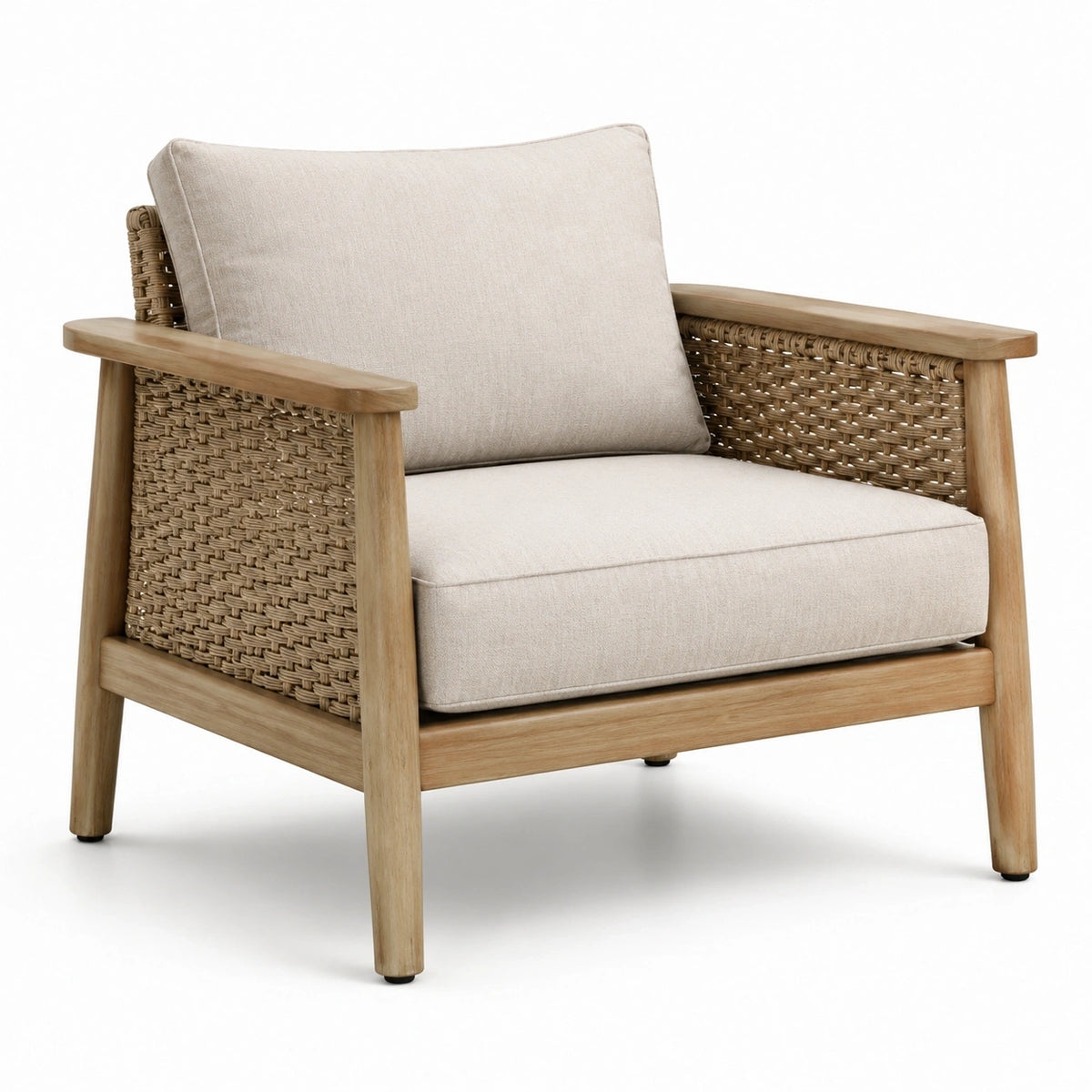 Fauteuil en bois naturel et fibres tressées beige avec coussins rembourrés, 82 x 80 x 83 cm
