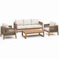 Salon de jardin 4 pièces avec canapé 3 places 190 × 80 × 80 cm, 2 fauteuils et table basse, marron naturel, blanc cassé et gris
