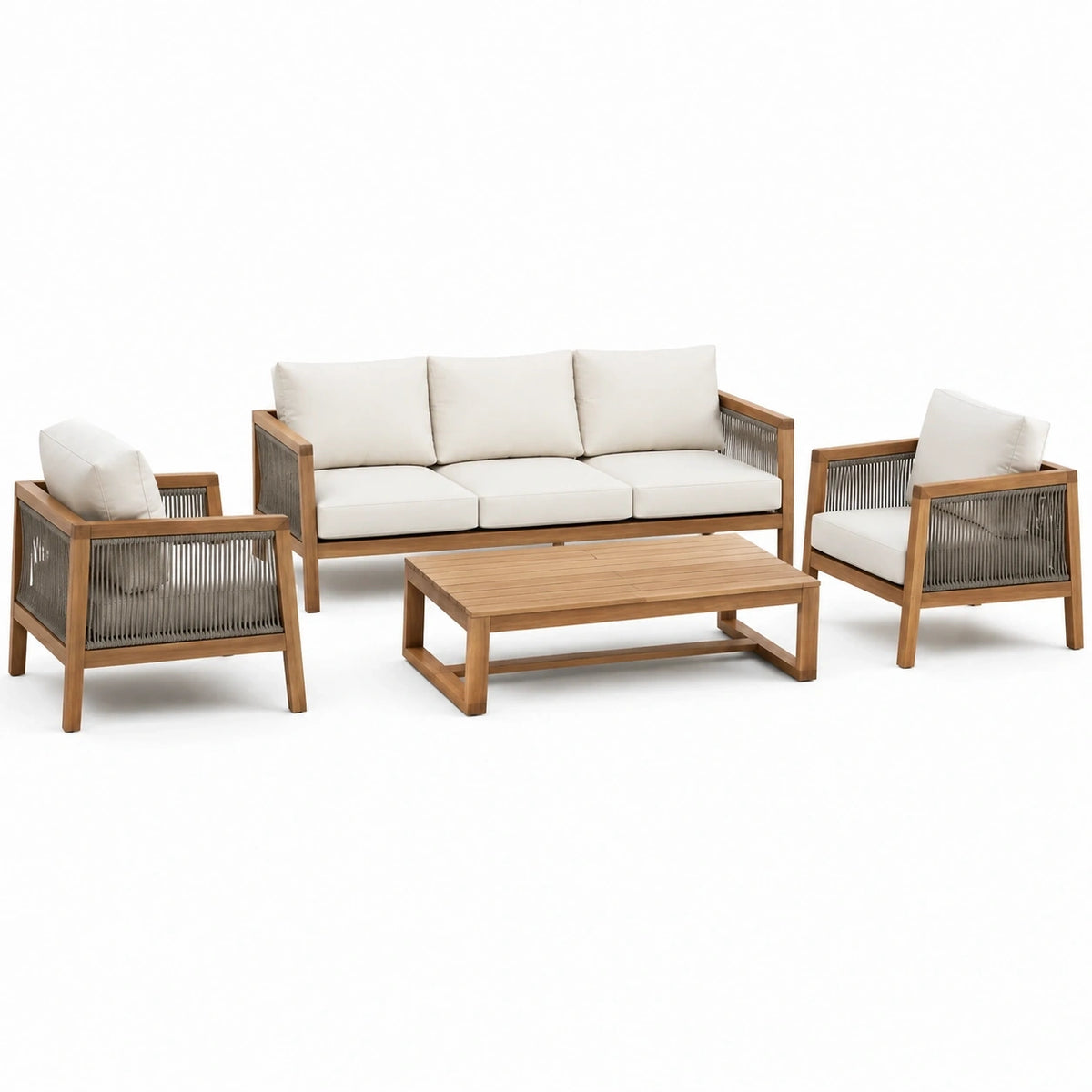 Salon de jardin 4 pièces avec canapé 3 places 190 × 80 × 80 cm, 2 fauteuils et table basse, marron naturel, blanc cassé et gris