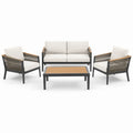 Salon de jardin contemporain 4 pièces en métal, corde tressée et aspect bois, beige, gris et marron clair – canapé 135 × 75 × 78 cm, fauteuils 72 × 75 × 78 cm, table 100 × 55 × 38 cm