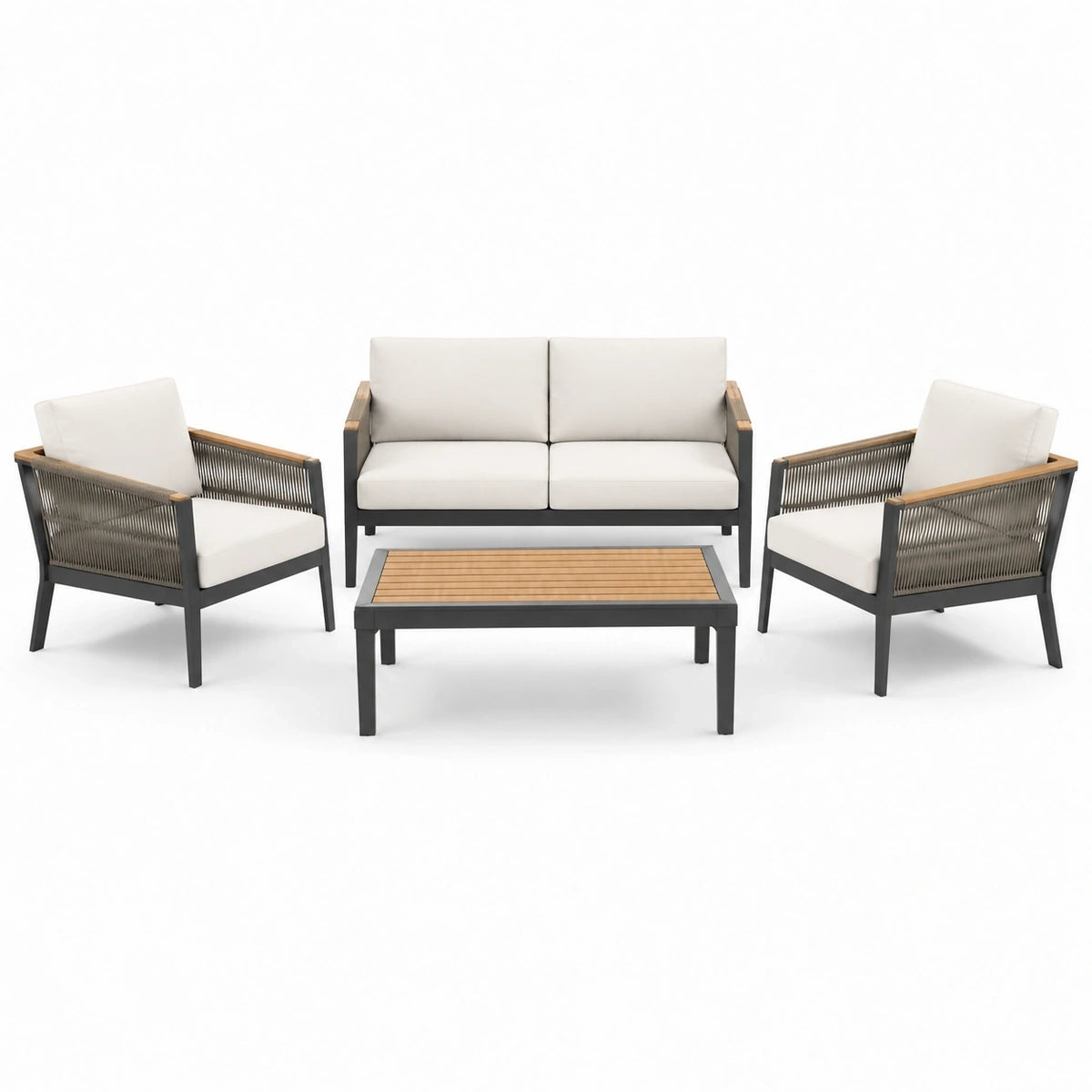 Salon de jardin contemporain 4 pièces en métal, corde tressée et aspect bois, beige, gris et marron clair – canapé 135 × 75 × 78 cm, fauteuils 72 × 75 × 78 cm, table 100 × 55 × 38 cm