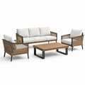 Salon de jardin 4 pièces en bois, métal et corde tressée, blanc cassé, bois naturel, noir et beige – canapé 190 × 78 × 76 cm, fauteuils 72 × 78 × 76 cm, table 110 × 60 × 38 cm
