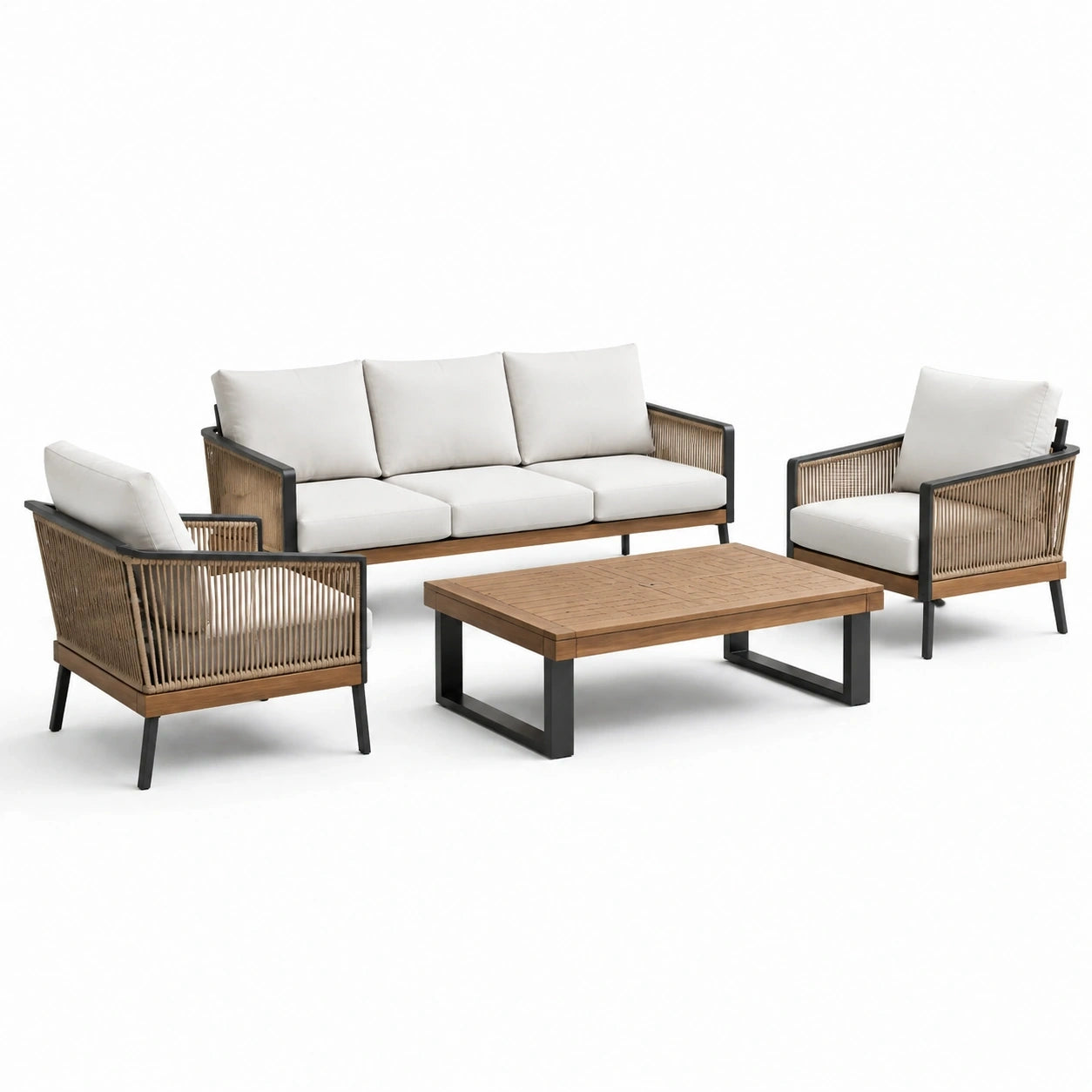 Salon de jardin 4 pièces en bois, métal et corde tressée, blanc cassé, bois naturel, noir et beige – canapé 190 × 78 × 76 cm, fauteuils 72 × 78 × 76 cm, table 110 × 60 × 38 cm