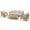 Salon de jardin 4 pièces beige et brun clair en bois et corde tressée avec canapé 190 × 77 × 78 cm, 2 fauteuils et table basse