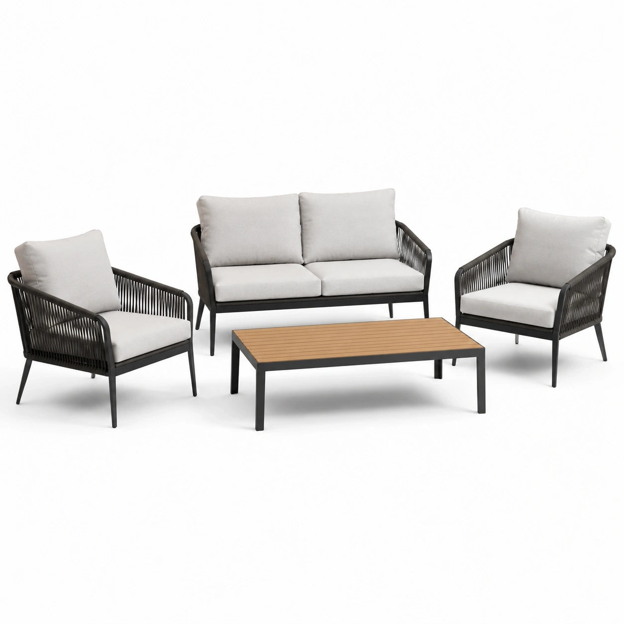 Salon de jardin 4 pièces noir, beige et marron avec canapé 145 × 75 × 80 cm, fauteuils 72 × 75 × 80 cm et table 100 × 55 × 38 cm
