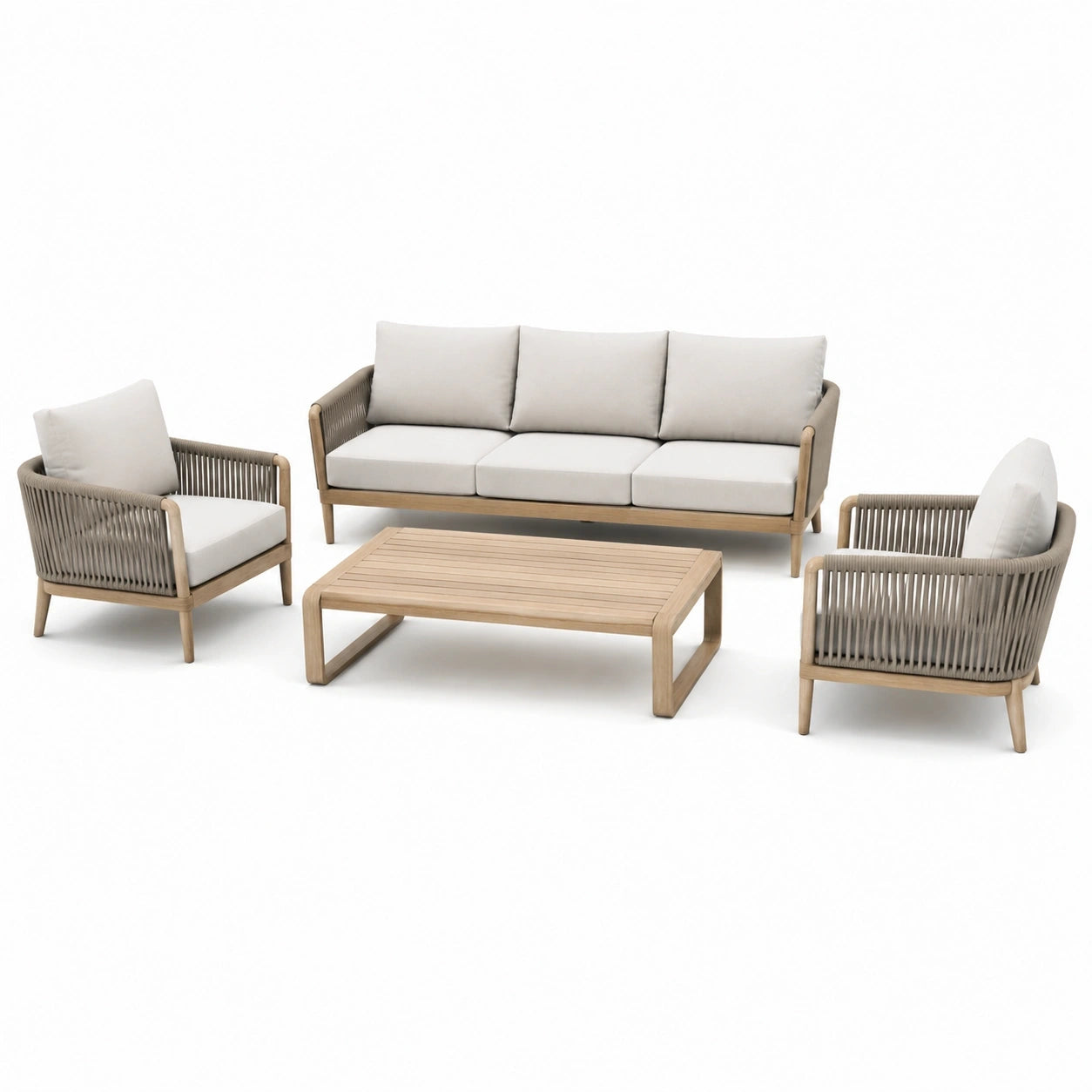 Salon de jardin 4 pièces en bois clair, corde tressée taupe et tissu beige – canapé 190 × 78 × 78 cm, fauteuils 76 × 78 × 78 cm, table 120 × 70 × 38 cm