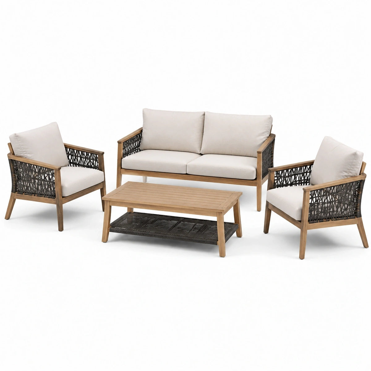 Salon de jardin 4 pièces beige, marron et noir avec canapé 124 × 75 × 79 cm, 2 fauteuils 68 × 75 × 79 cm et table 100 × 55 × 42 cm