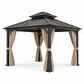 Tonnelle de jardin carrée 365 × 365 × 310 cm, anthracite et beige, toit rigide à double niveau avec rideaux