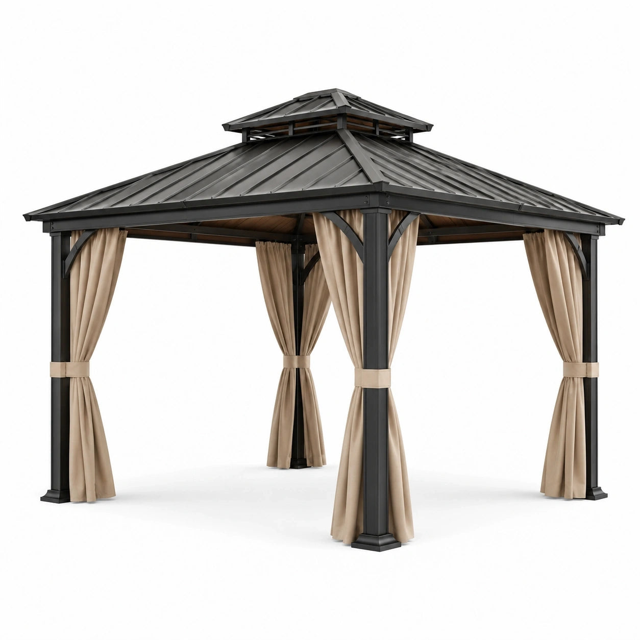 Tonnelle de jardin carrée 365 × 365 × 310 cm, anthracite et beige, toit rigide à double niveau avec rideaux