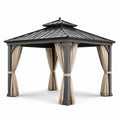 Pavillon de jardin en aluminium gris anthracite avec toit rigide et rideaux beiges, 400 x 300 x 290 cm