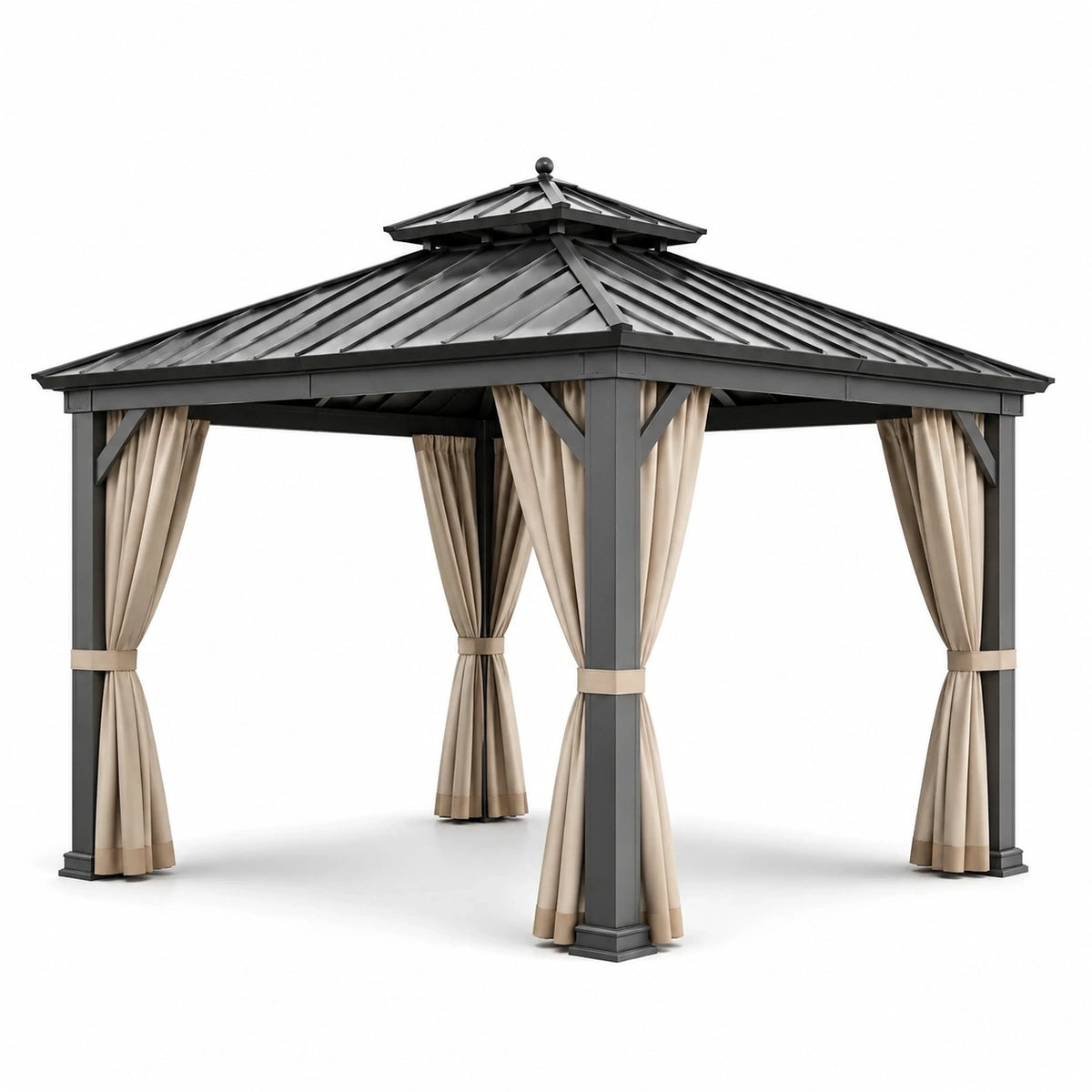 Pavillon de jardin en aluminium gris anthracite avec toit rigide et rideaux beiges, 400 x 300 x 290 cm